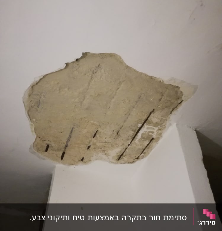 חלק מתקרה עם טיח מתקלף וחשיפת בטון